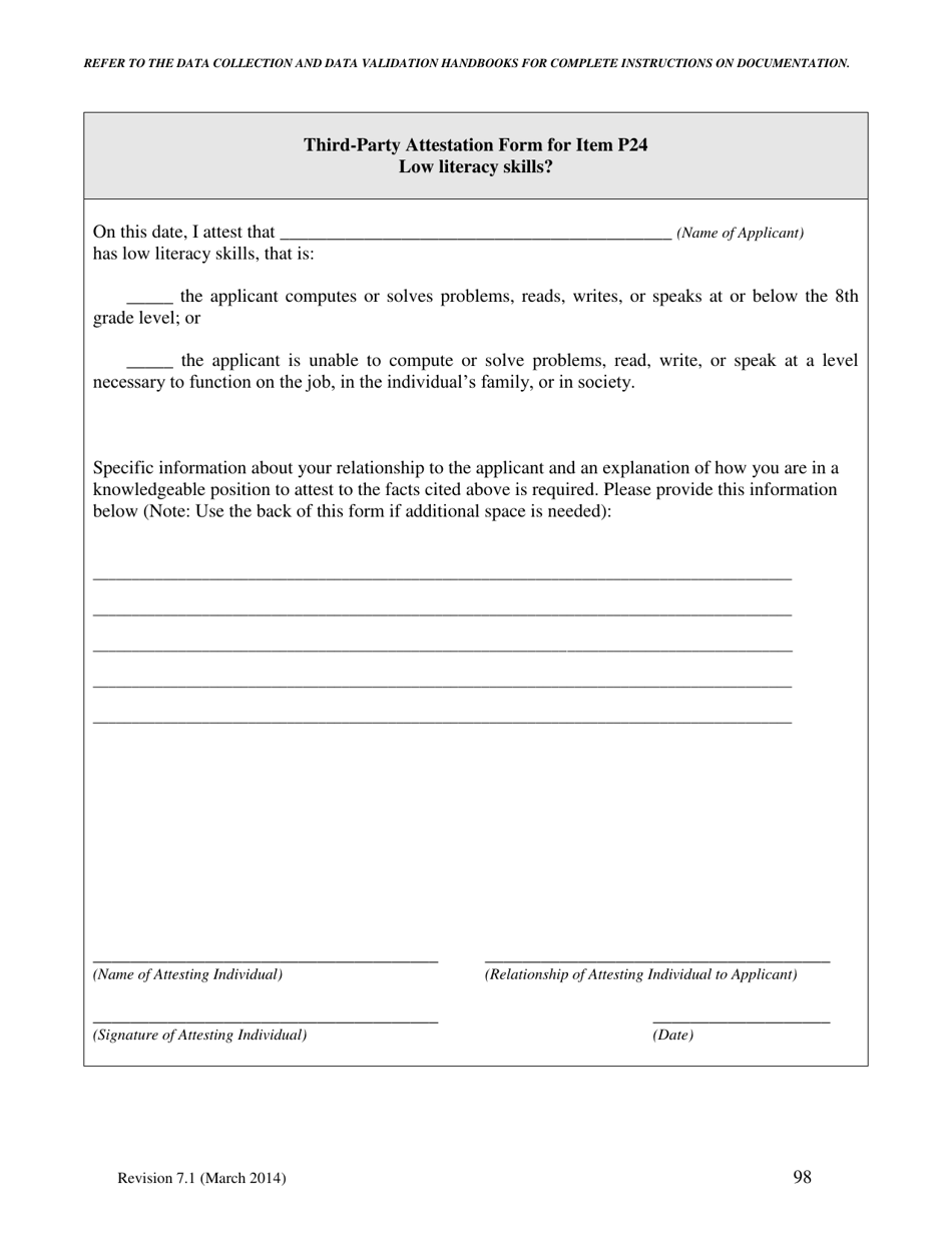 Third-Party Attestation Form for Item P24 - Low Literacy Skills - North Carolina, Page 1
