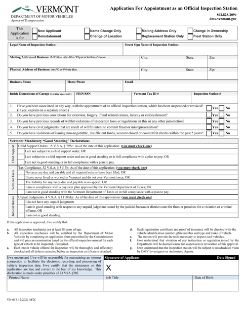 Form VN-016 Application for Appointment as an Official Inspection Station - Vermont