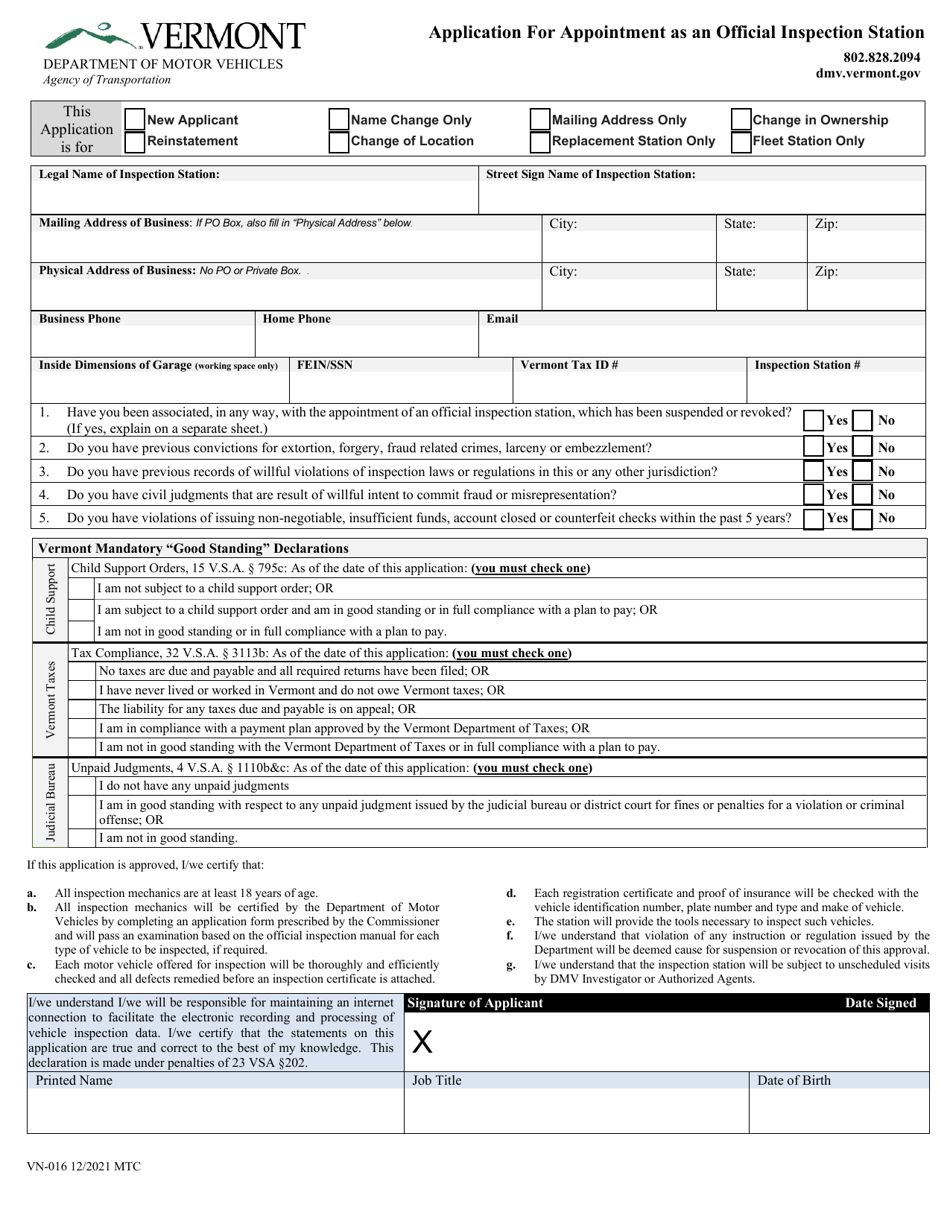 Form VN-016 Application for Appointment as an Official Inspection Station - Vermont, Page 1