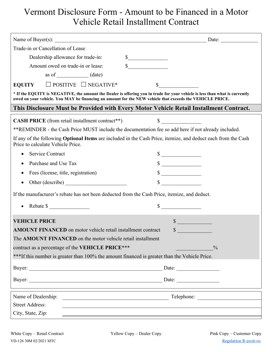 Form VD-126 Vermont Disclosure Form - Amount to Be Financed in a Motor Vehicle Retail Installment Contract - Vermont, Page 1