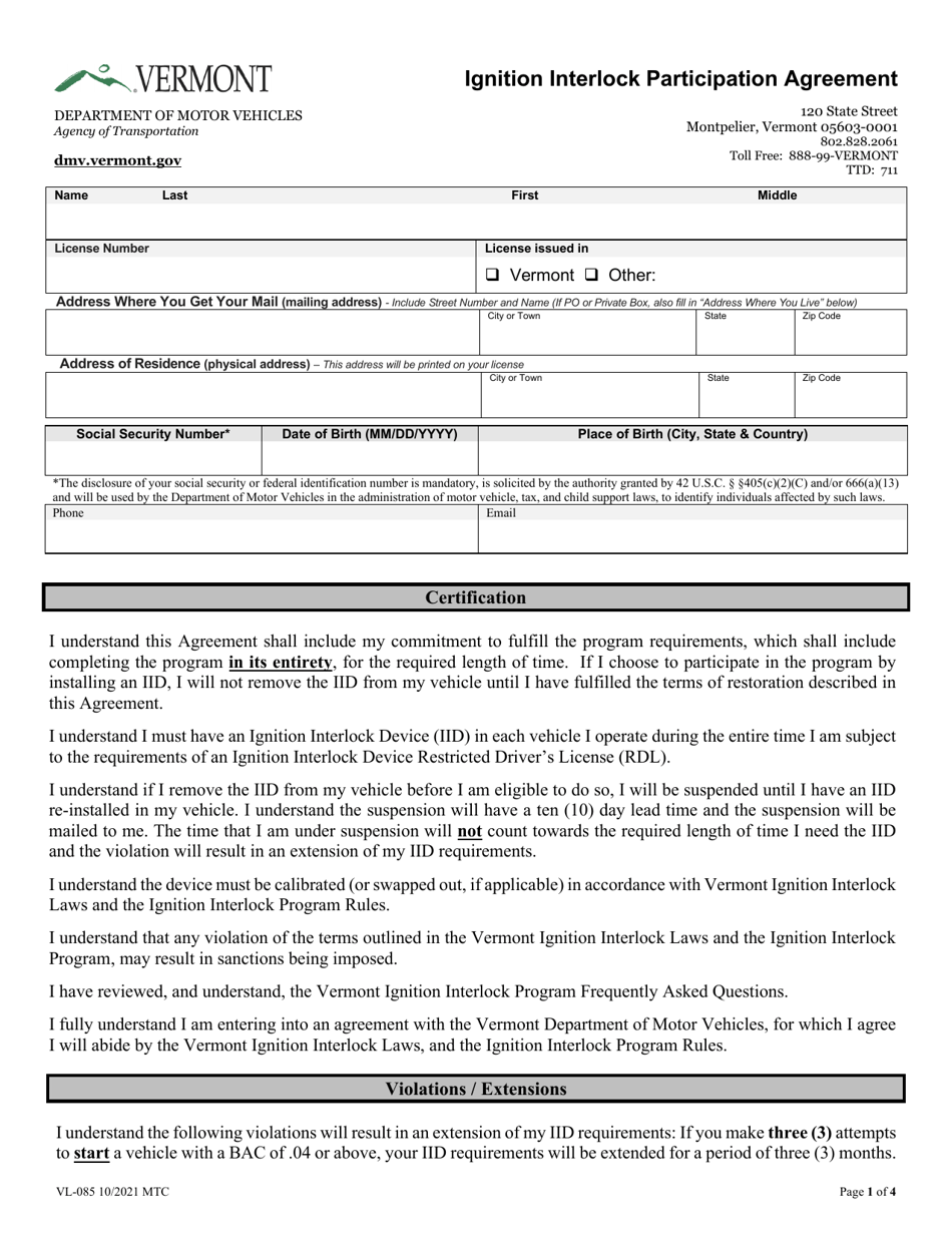 Form VL085 Download Fillable PDF or Fill Online Ignition Interlock