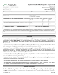 Form VL-085 Ignition Interlock Participation Agreement - Vermont