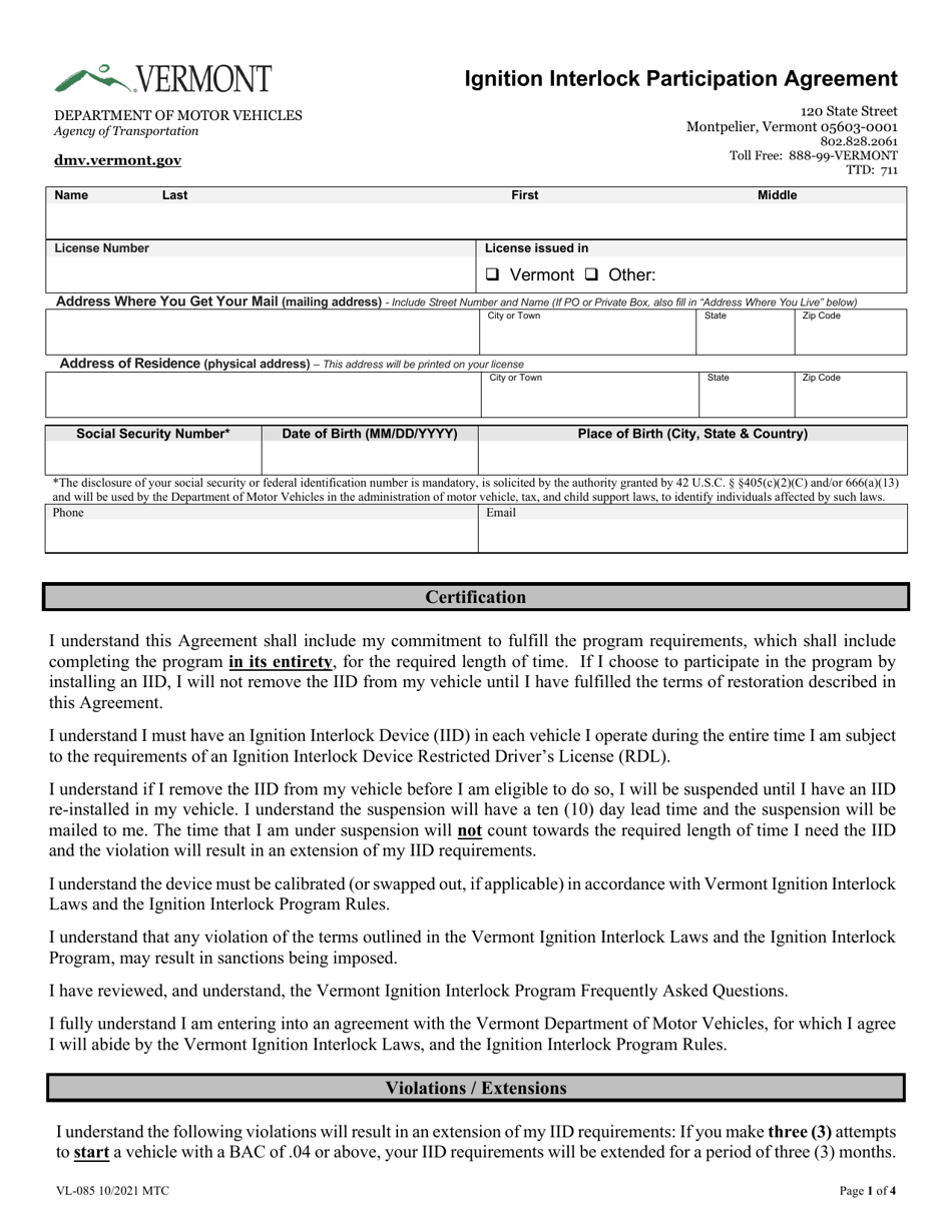 Form VL-085 Ignition Interlock Participation Agreement - Vermont, Page 1