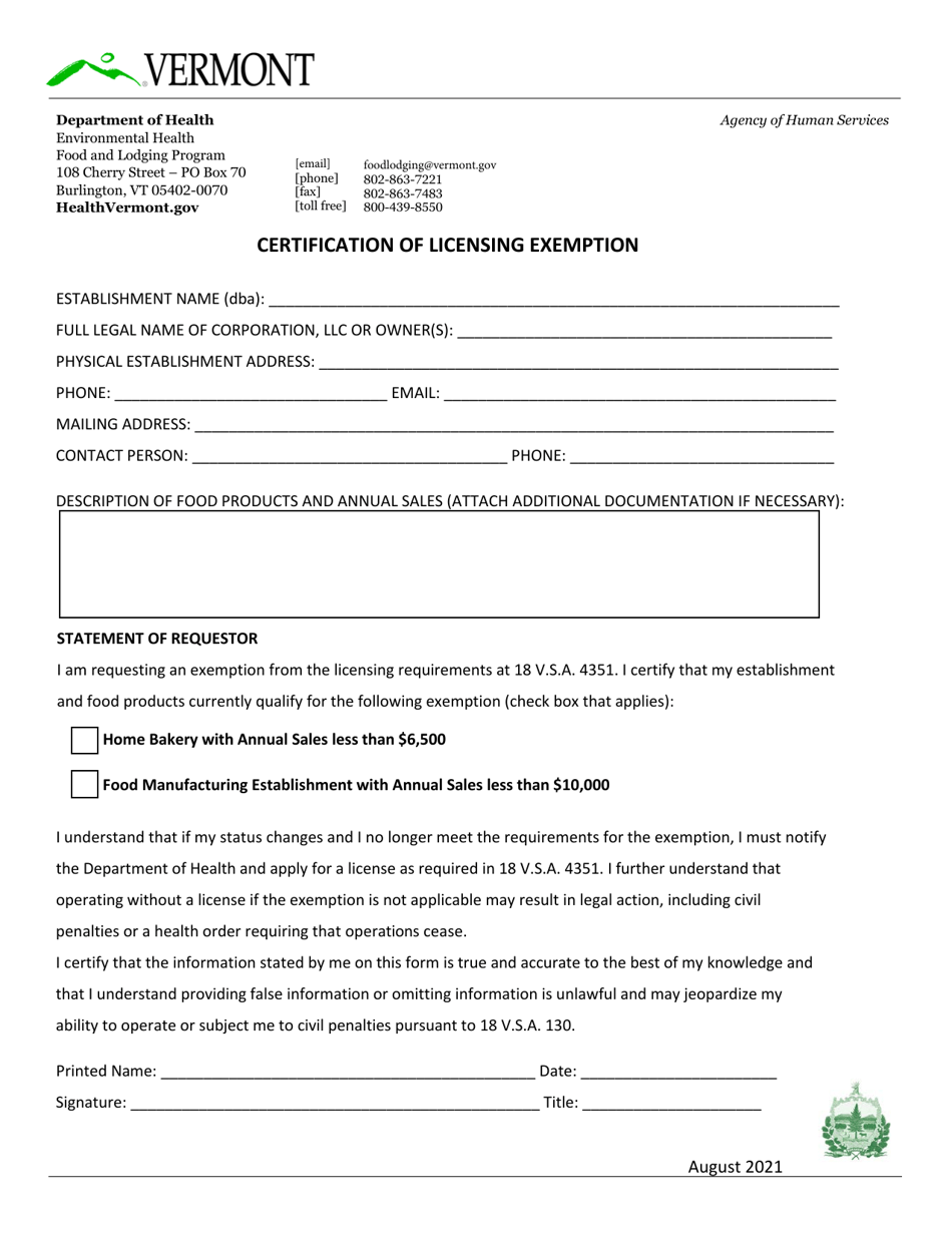 Certification of Licensing Exemption - Vermont, Page 2