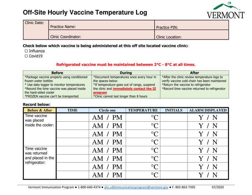 Off-Site Hourly Vaccine Temperature Log - Vermont