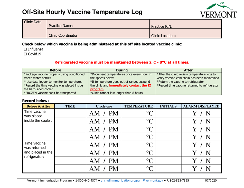 Off-Site Hourly Vaccine Temperature Log - Vermont, Page 1