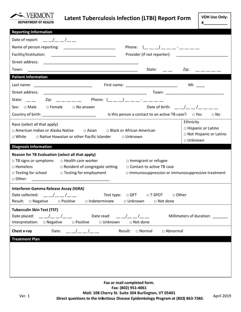 "Latent Tuberculosis Infection (Ltbi) Report Form" - Vermont Download Pdf
