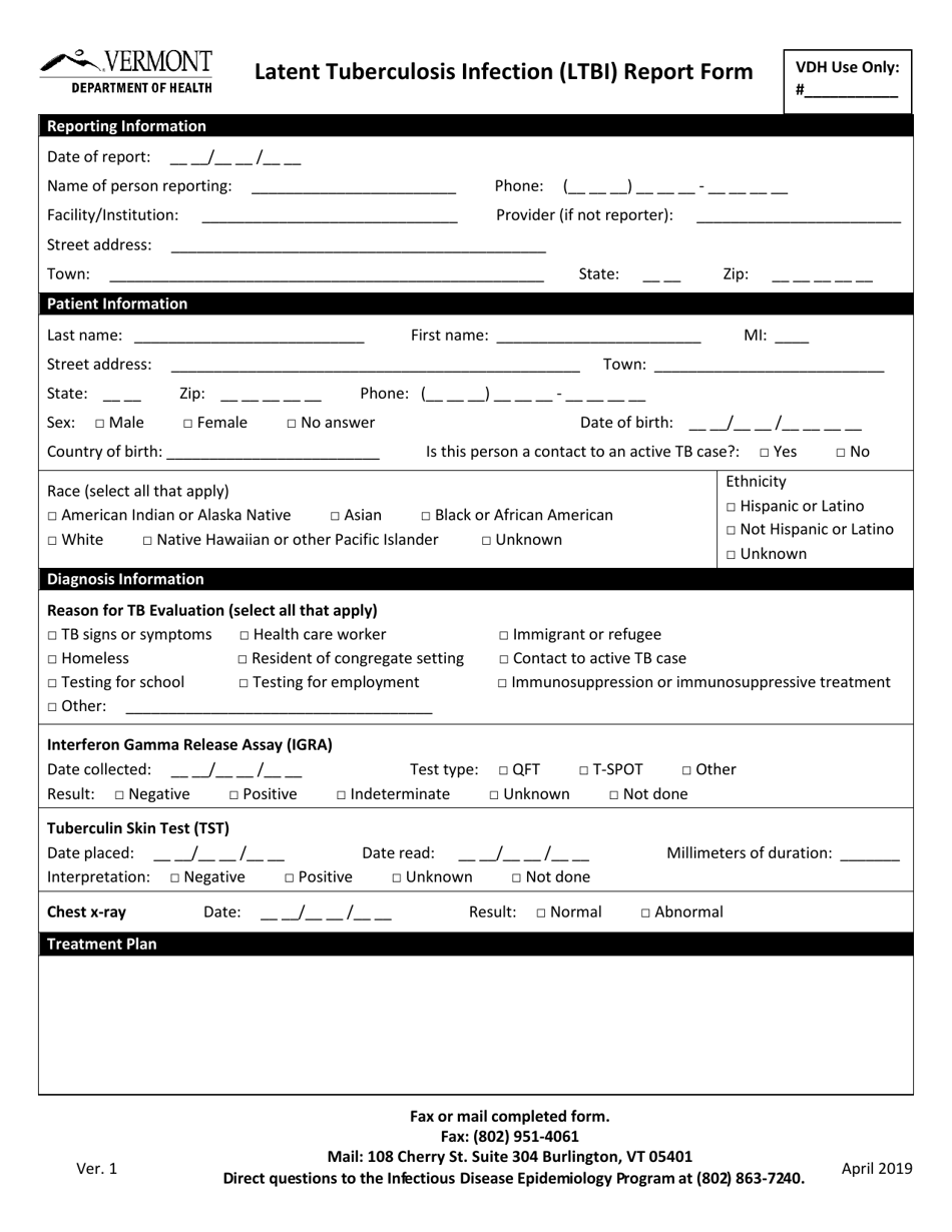 Latent Tuberculosis Infection (Ltbi) Report Form - Vermont, Page 1