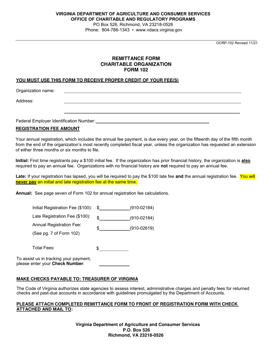 Form 102 (OCRP-102) Registration Statement for a Charitable Organization - Virginia, Page 1