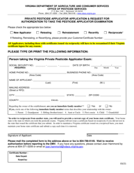 Document preview: Private Pesticide Applicator Application & Request for Authorization to Take the Pesticide Applicator Examination - Virginia
