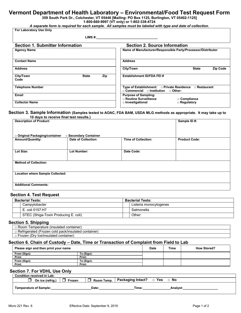 Environmental / Food Test Request Form - Vermont, Page 1