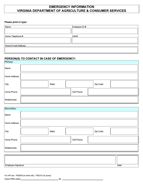 Personal Information & Emergency Contact Form - Virginia Download Pdf