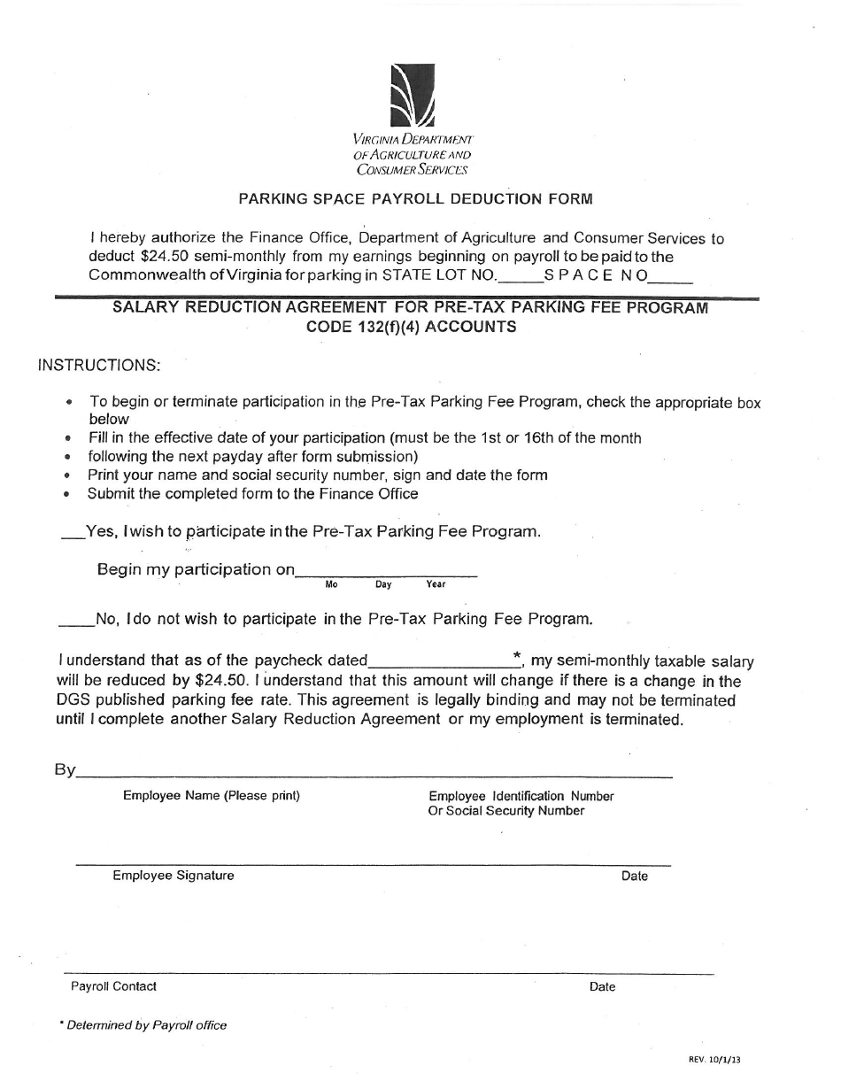 Parking Space Payroll Deduction Form - Virginia, Page 1