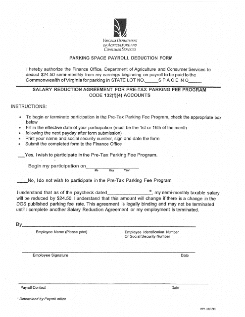 Parking Space Payroll Deduction Form - Virginia Download Pdf