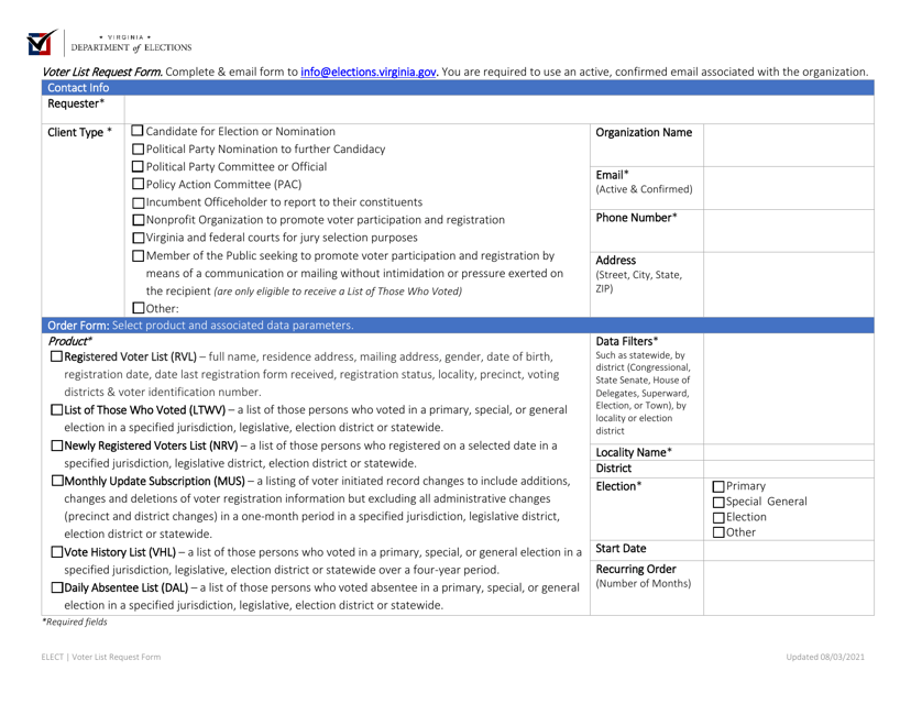 Voter List Request Form - Virginia Download Pdf