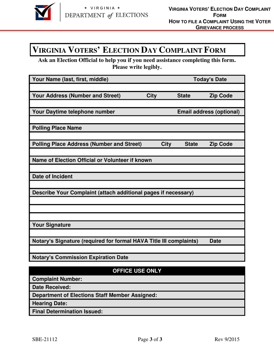 Form SBE-21112 Virginia Voters Election Day Complaint Form - Virginia, Page 3