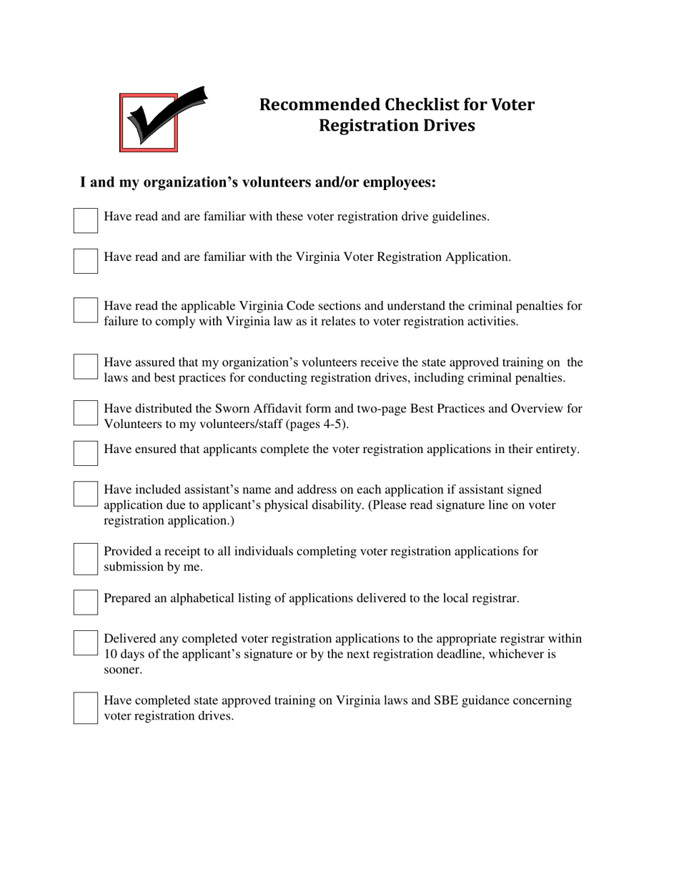 Recommended Checklist for Voter Registration Drives - Virginia, Page 1