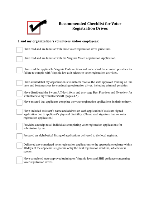 Recommended Checklist for Voter Registration Drives - Virginia Download Pdf