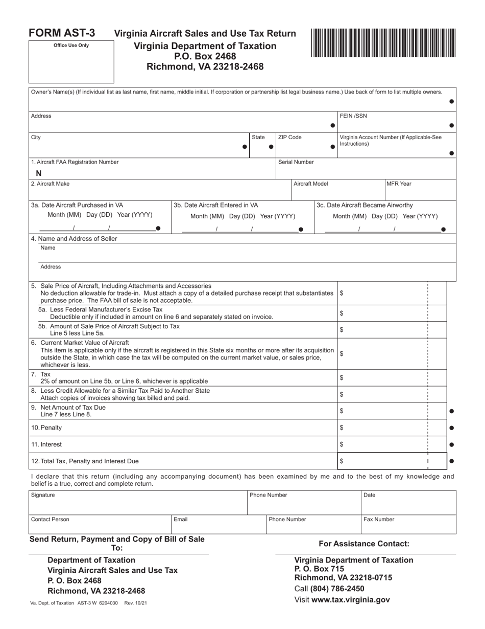 Form AST-3 Virginia Aircraft Sales and Use Tax Return - Virginia, Page 1