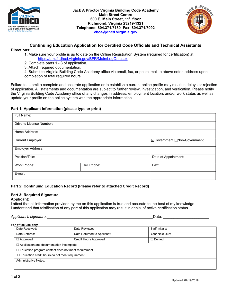 Continuing Education Application for Certified Code Officials and Technical Assistants - Virginia, Page 1