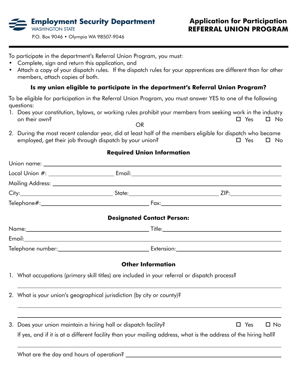 Application for Participation - Referral Union Program - Washington, Page 1