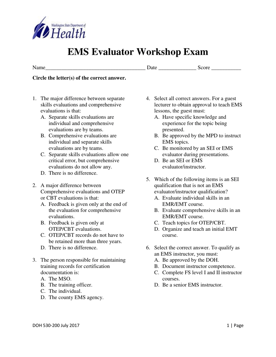 DOH Form 530-200 EMS Evaluator Workshop Exam - Washington, Page 1