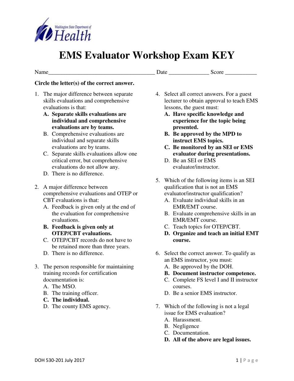 DOH Form 530-201 EMS Evaluator Workshop Exam Key - Washington, Page 1
