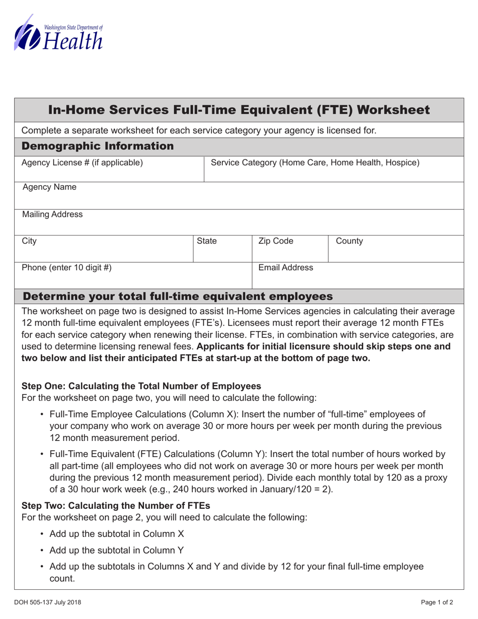 DOH Form 505-137 In-home Services Full-Time Equivalent (Fte) Worksheet - Washington, Page 1
