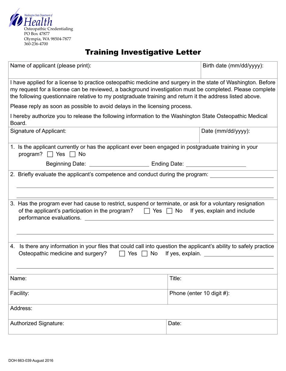 DOH Form 663-039 Osteopathic Training Investigative Letter - Washington, Page 1
