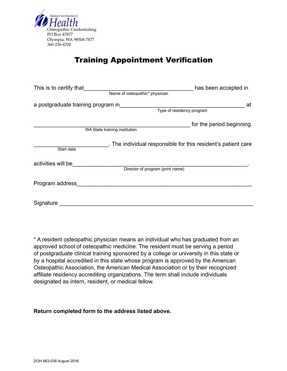 DOH Form 663-036 Osteopathic Training Appointment Verification - Washington, Page 1