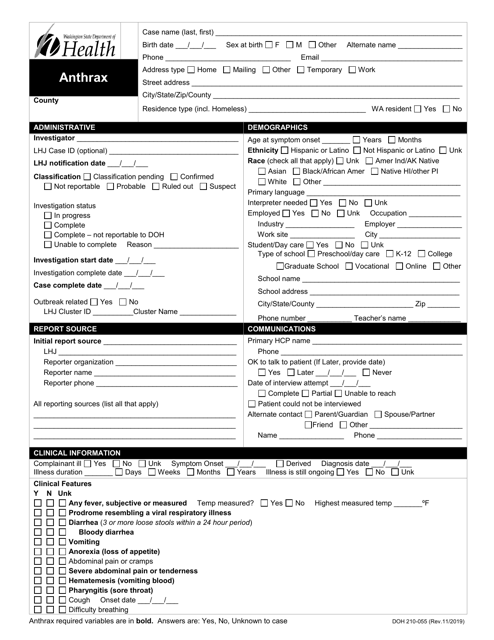 DOH Form 210-055 Anthrax Reporting Form - Washington