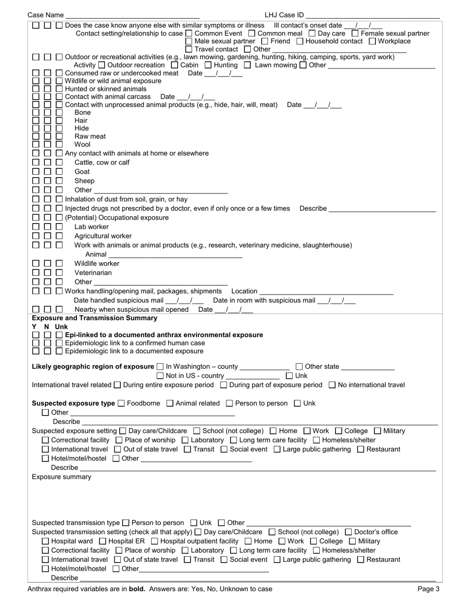 DOH Form 210-055 Anthrax Reporting Form - Washington, Page 3