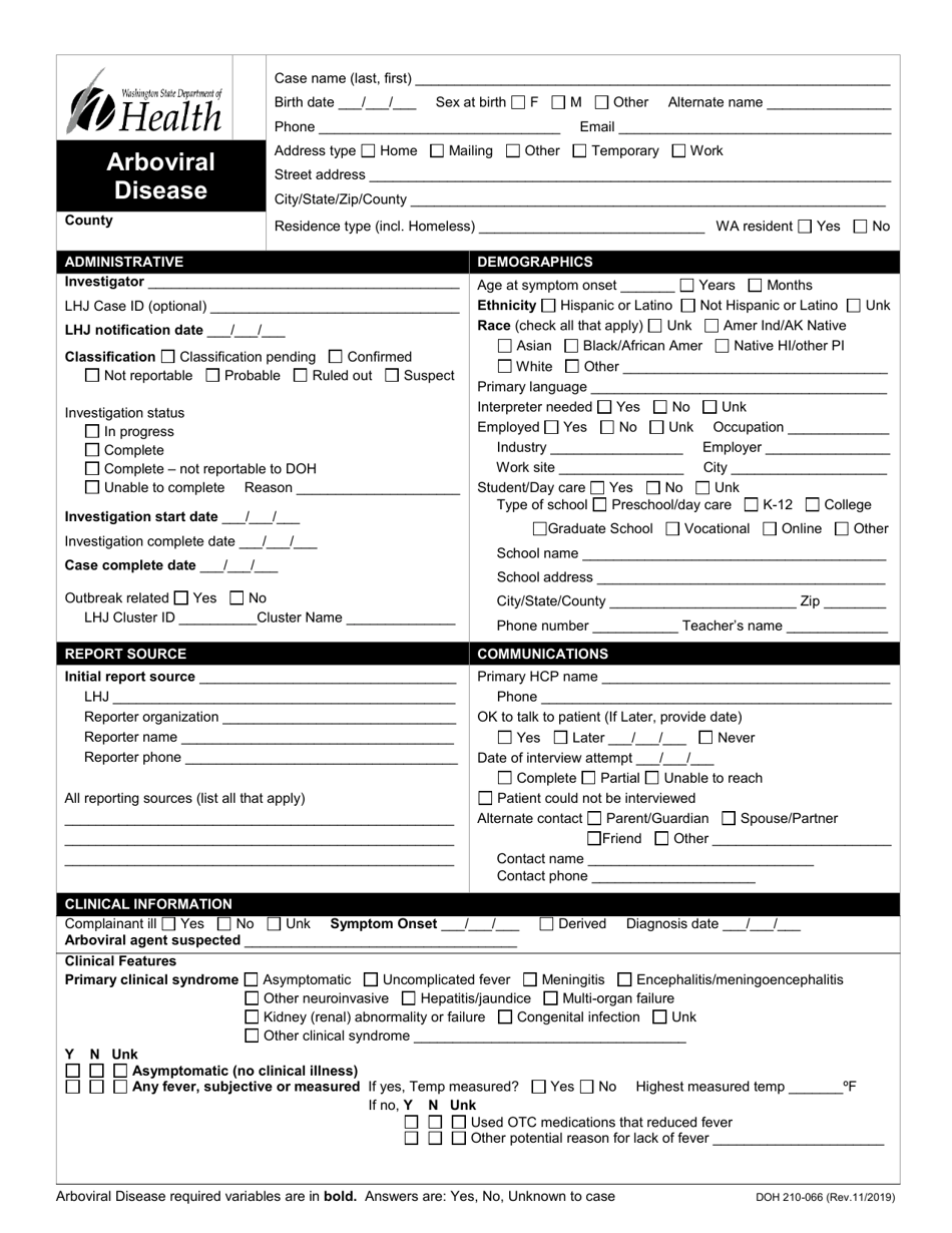 DOH Form 210-066 Arboviral Disease Reporting Form - Washington, Page 1