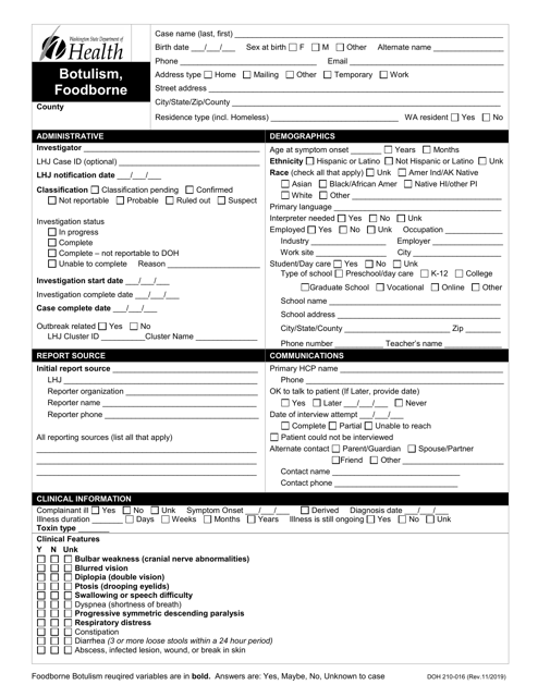 DOH Form 210-016 Foodborne Botulism Reporting Form - Washington