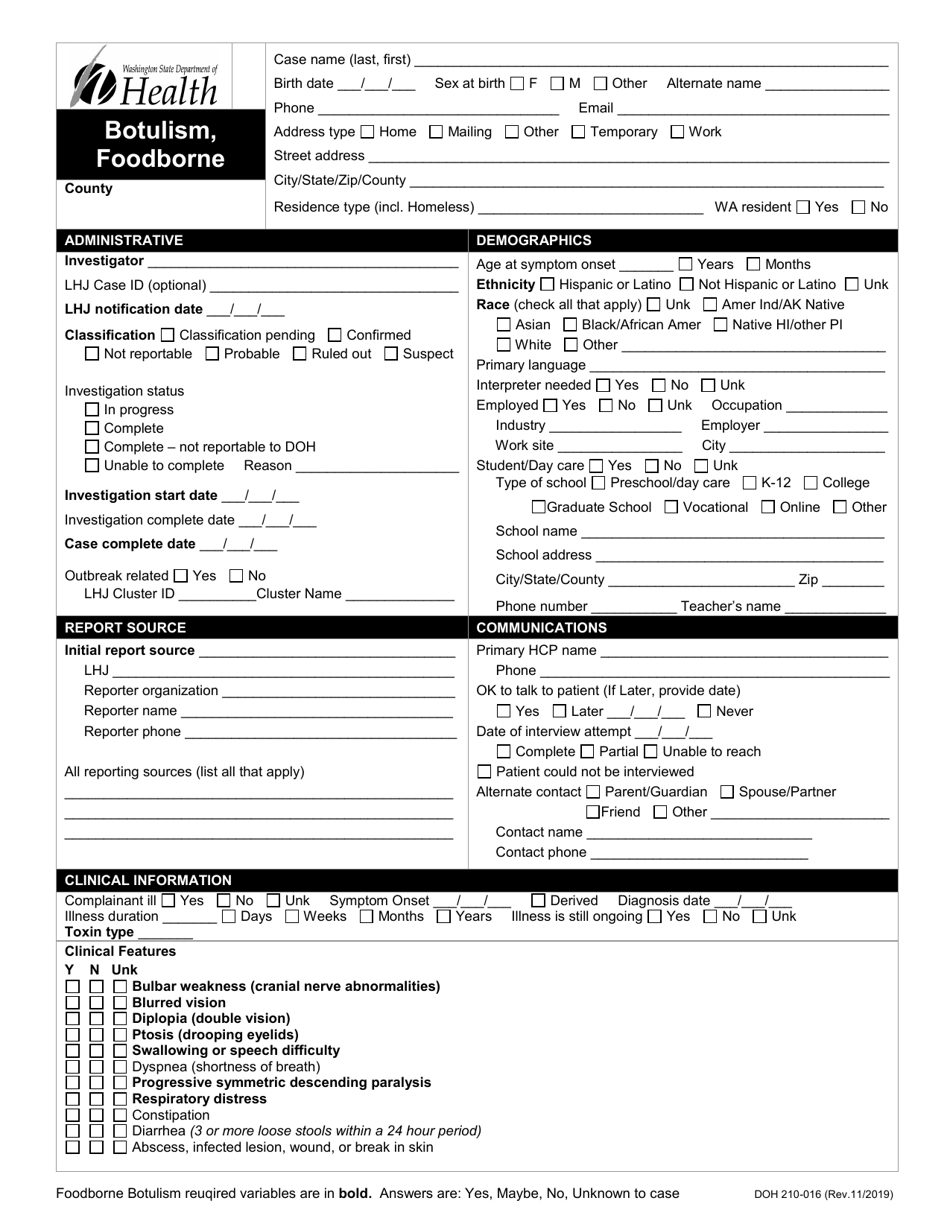 DOH Form 210-016 Foodborne Botulism Reporting Form - Washington, Page 1