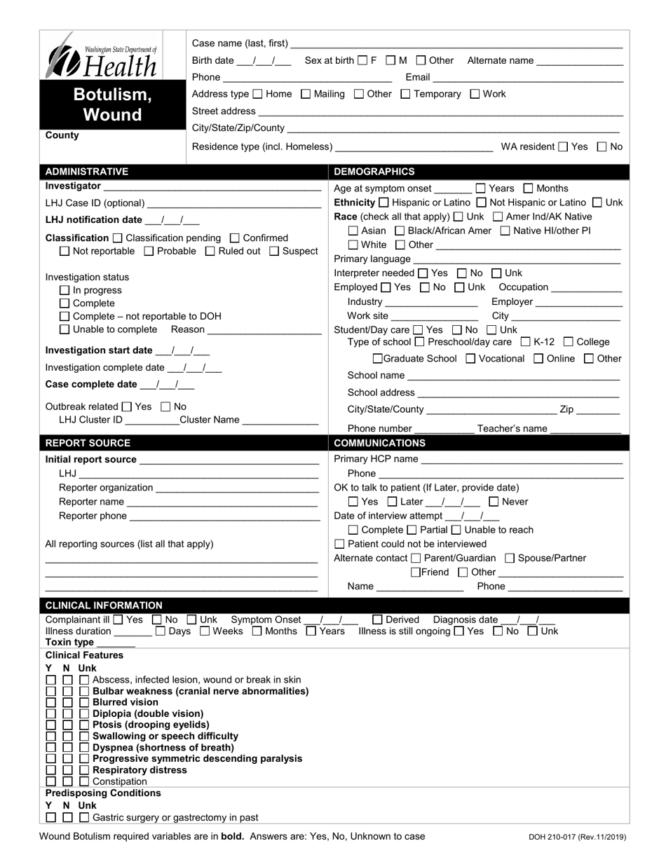 DOH Form 210-017 Wound Botulism Reporting Form - Washington, Page 1