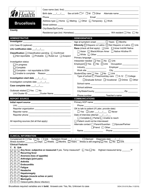 DOH Form 210-019 Brucellosis Reporting Form - Washington