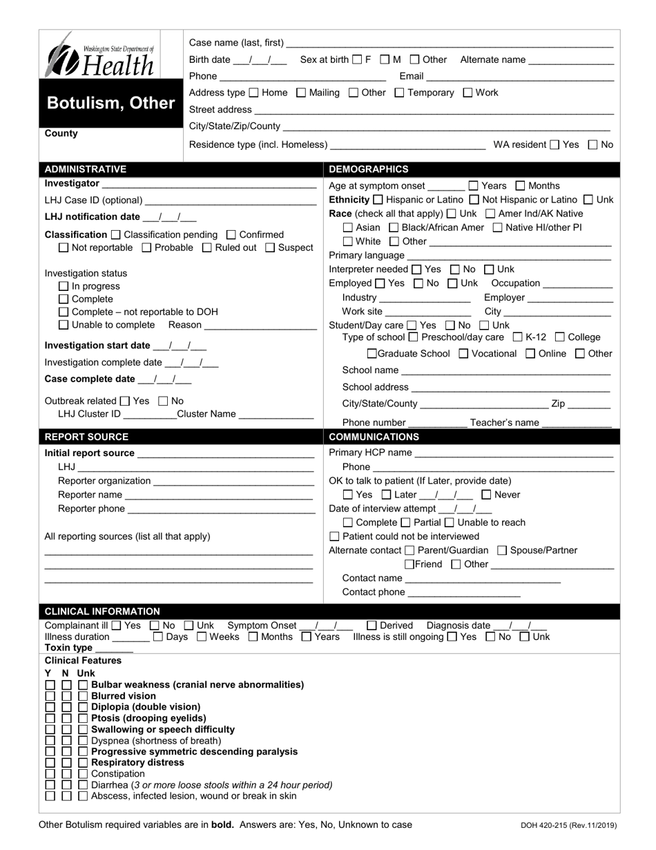 DOH Form 420-215 Botulism Reporting Form, Other - Washington, Page 1
