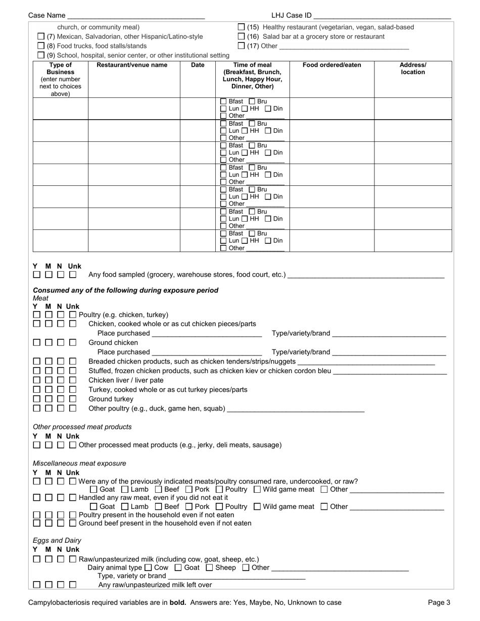 DOH Form 210-020 Campylobacteriosis Reporting Form - Washington, Page 3