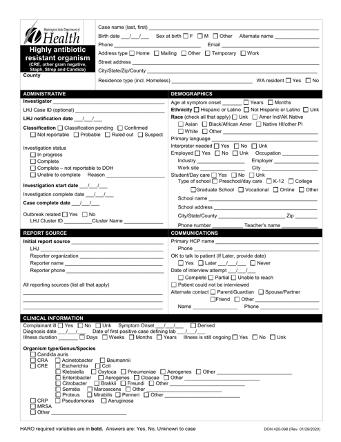 DOH Form 420-098 Highly Antibiotic Resistant Organism (Cre, Other Gram Negative, Staph, Strep and Candida) Reporting Form - Washington