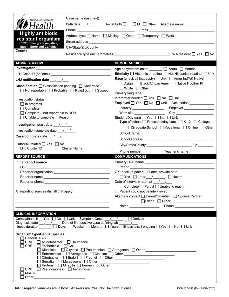DOH Form 420-098 Highly Antibiotic Resistant Organism (Cre, Other Gram Negative, Staph, Strep and Candida) Reporting Form - Washington, Page 1