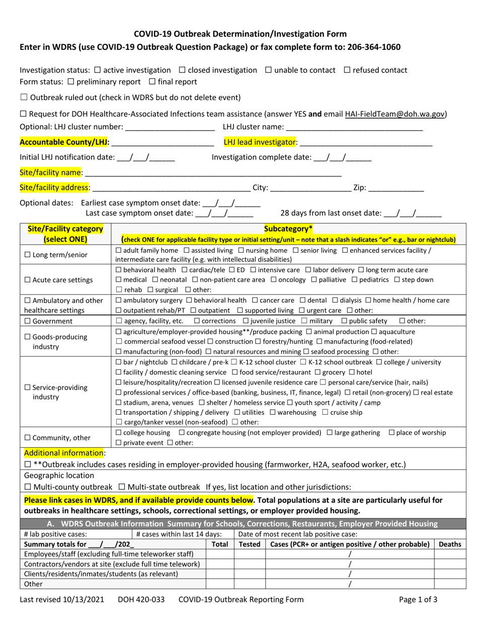 DOH Form 420-033 Covid-19 Outbreak Determination / Investigation Form - Washington, Page 1