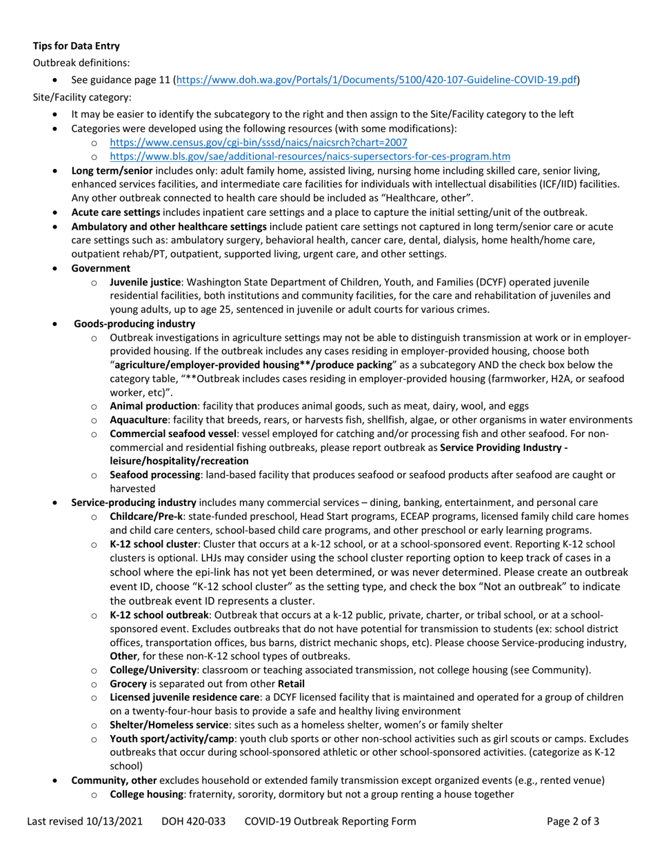 DOH Form 420-033 Covid-19 Outbreak Determination / Investigation Form - Washington, Page 2