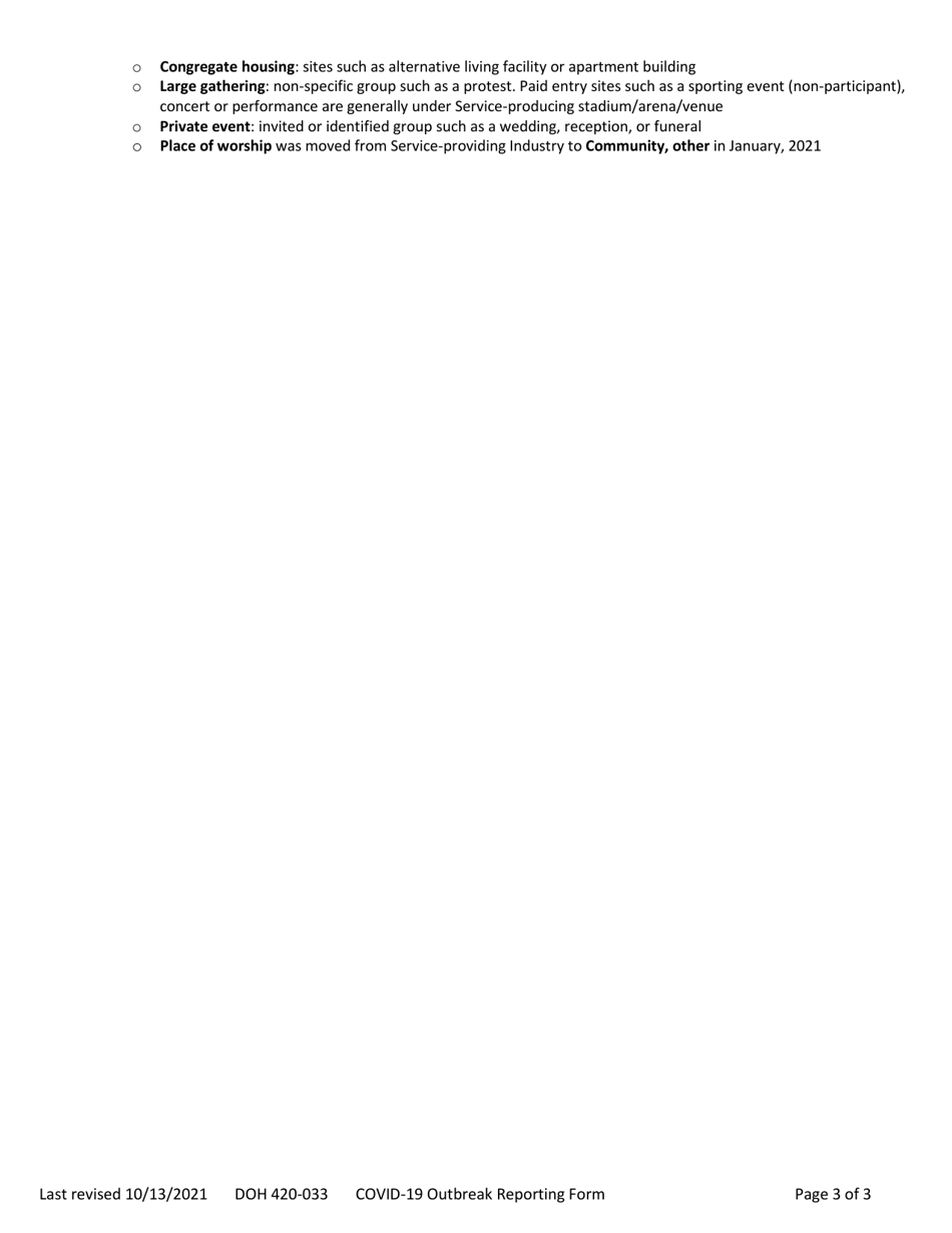 DOH Form 420-033 Covid-19 Outbreak Determination / Investigation Form - Washington, Page 3