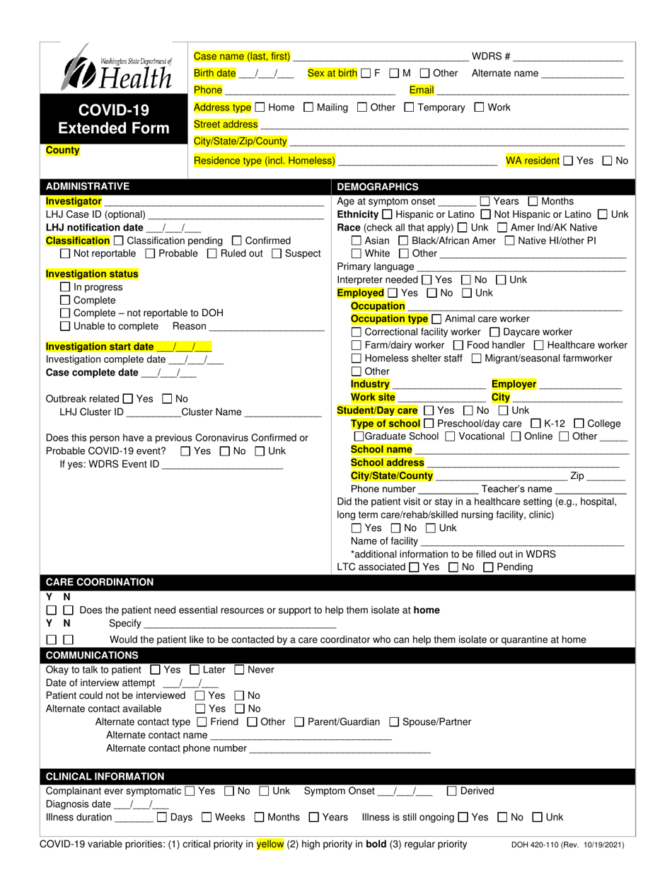 DOH Form 420-110 Covid-19 Extended Form - Washington, Page 1