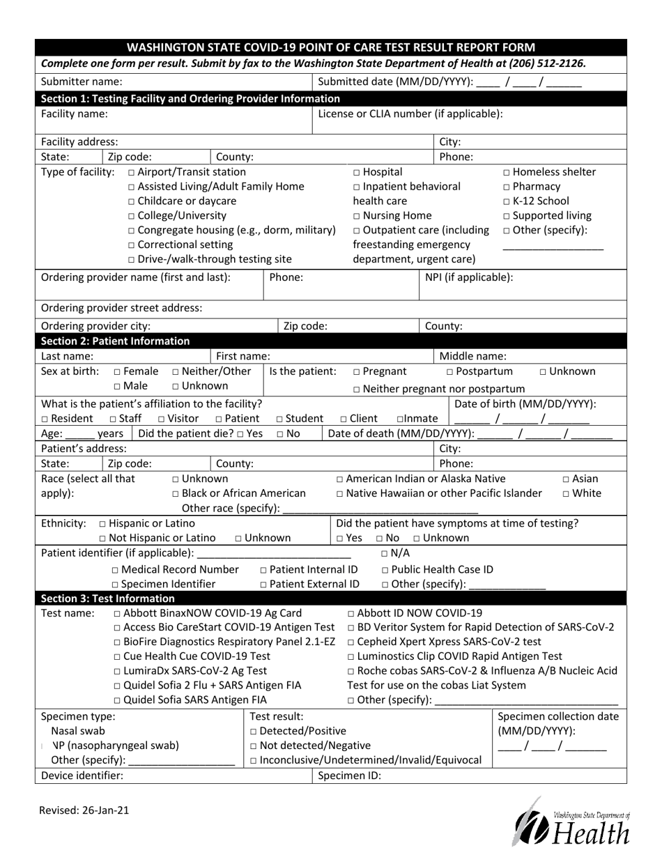Washington State Covid-19 Point of Care Test Result Report Form - Washington, Page 1