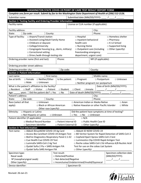 Washington State Covid-19 Point of Care Test Result Report Form - Washington Download Pdf