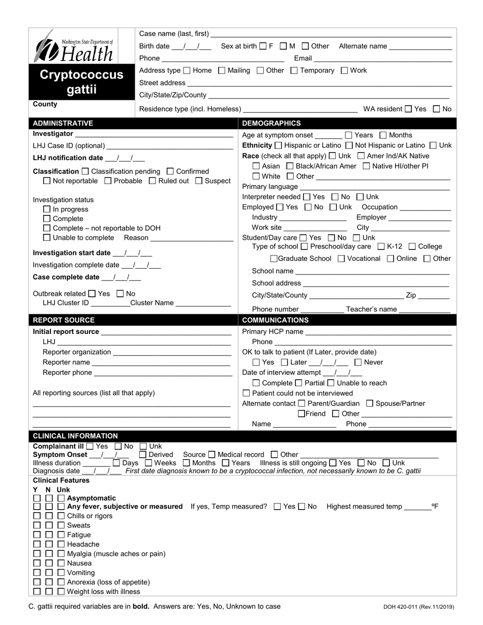 DOH Form 420-011 Cryptococcus Gattii Reporting Form - Washington, Page 1