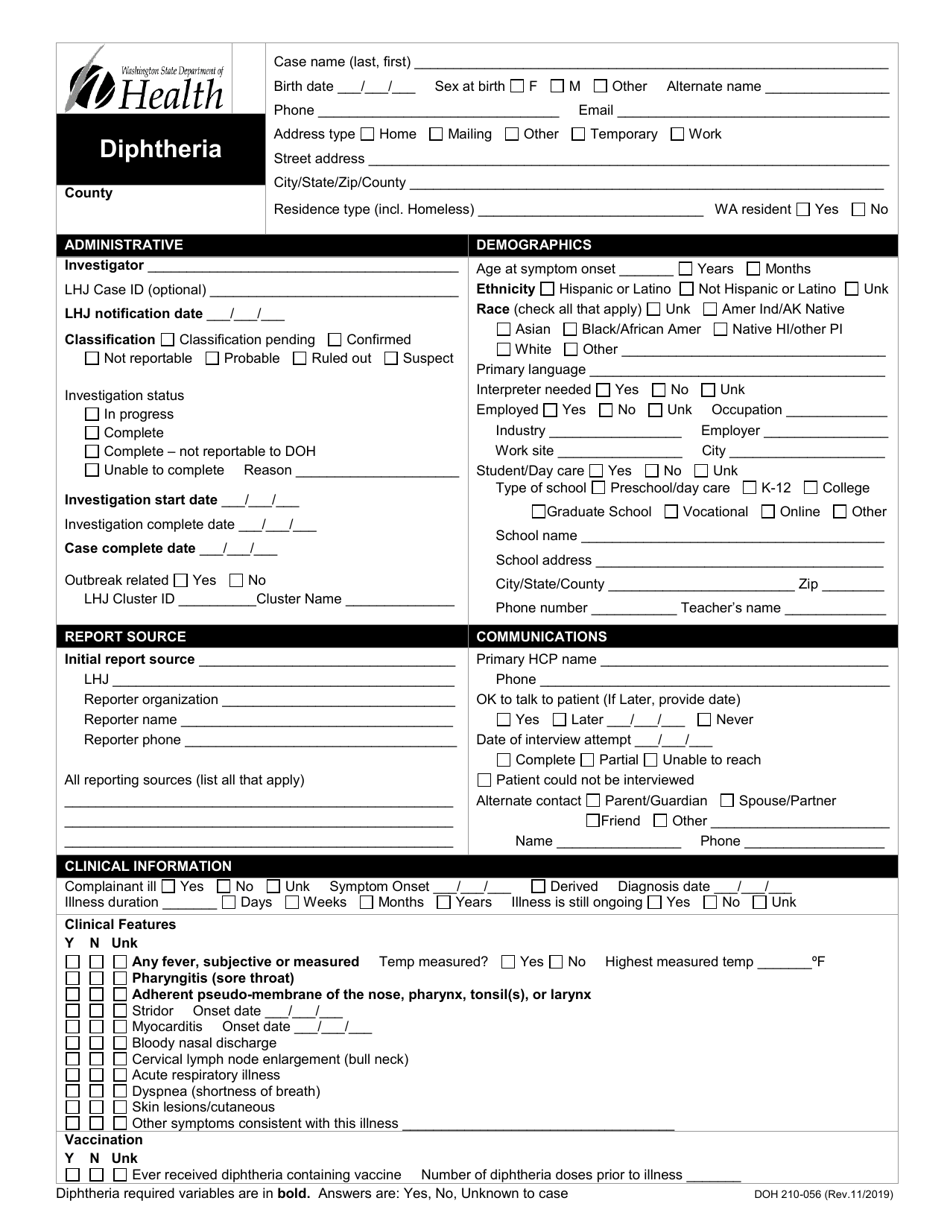 DOH Form 210-056 Diphtheria Reporting Form - Washington, Page 1