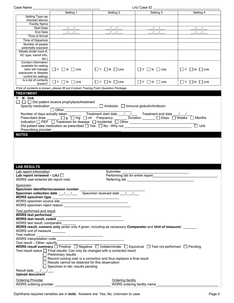 DOH Form 210-056 Diphtheria Reporting Form - Washington, Page 4